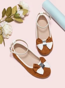 Girls Bow Decor Ankle Strap Flats - Brown - View 1
