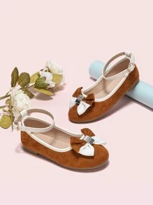 Girls Bow Decor Ankle Strap Flats - Brown - View 2
