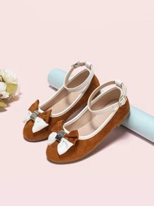 Girls Bow Decor Ankle Strap Flats - Brown - View 3