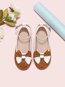 Girls Bow Decor Ankle Strap Flats - Brown - View 4