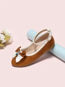 Girls Bow Decor Ankle Strap Flats - Brown - View 5