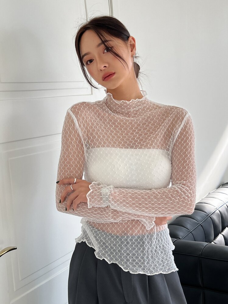 DAZY Blusa de manga larga con cuello alto de malla transparente sin top tubo con ribete de lechuga, ropa de mujer de otoño - Blanco - Añade 3