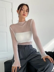 DAZY Lettuce Trim Mock Neck Sheer Mesh Top Without Tube Top Long Sleeve Women Tops,Fall Women Clothes - White - View 1