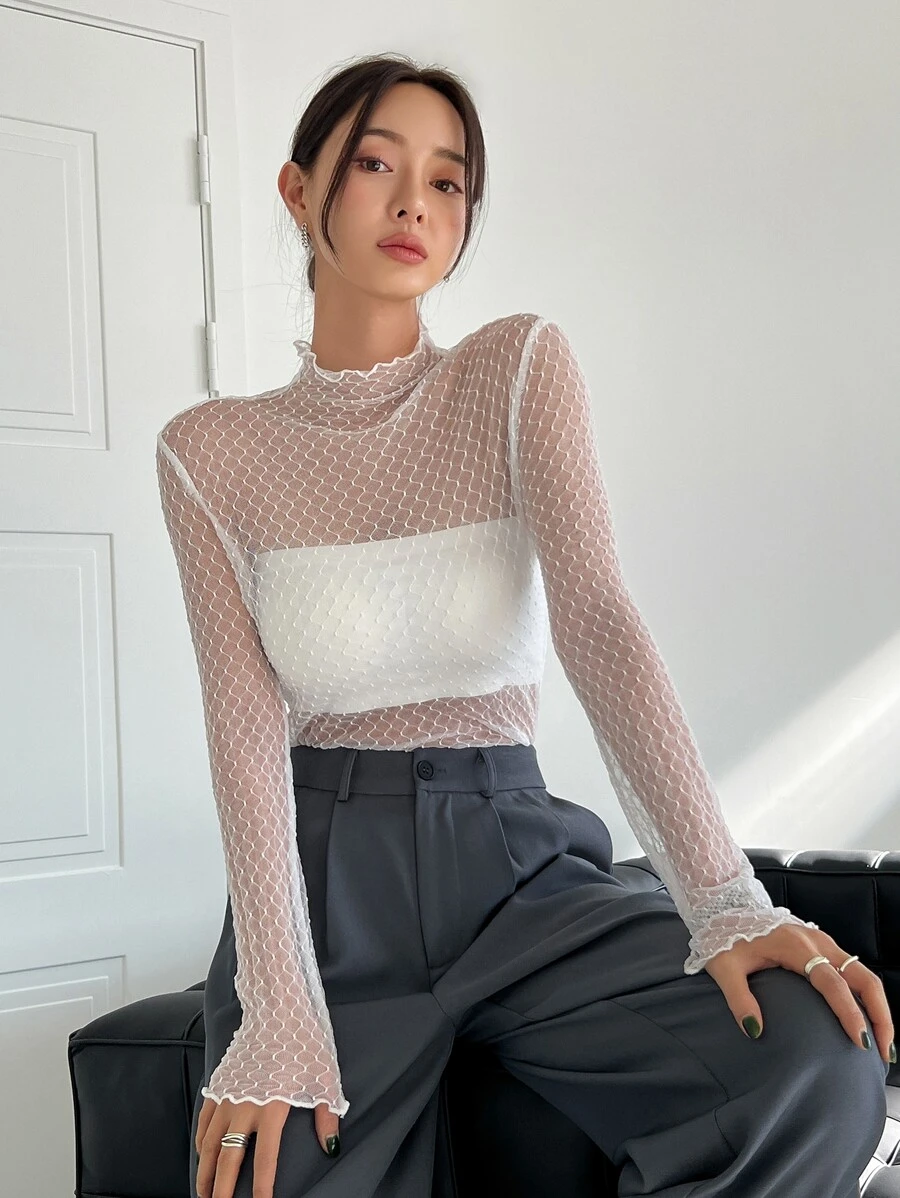 DAZY Lettuce Trim Mock Neck Sheer Mesh Top Without Tube Top Long Sleeve Women Tops,Fall Women Clothes - White - View 1