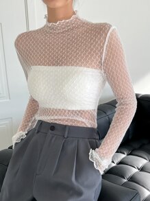 DAZY Lettuce Trim Mock Neck Sheer Mesh Top Without Tube Top Long Sleeve Women Tops,Fall Women Clothes - White - View 6
