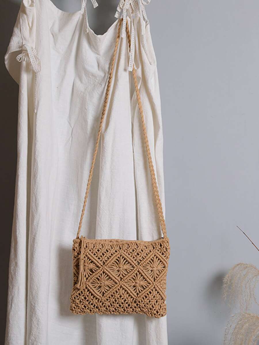 Tassel Decor Square Bag - Camel - View 1