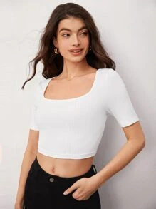 SHEIN BASICS Square Neck Rib-Knit Crop Tee - White - View 1