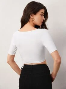 SHEIN BASICS Square Neck Rib-Knit Crop Tee - White - View 2