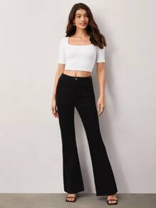 SHEIN BASICS Square Neck Rib-Knit Crop Tee - White - View 3