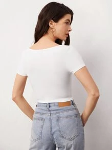 SHEIN BASICS Solid Round Neck Crop Tee For Summer - White - View 2