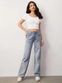 SHEIN BASICS Solid Round Neck Crop Tee For Summer - White - View 3