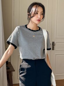 DAZY 格紋印花滾邊T恤 - 黑與白 - 查看 3
