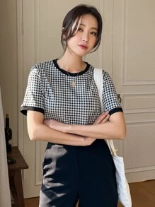 DAZY 格紋印花滾邊T恤 - 黑與白 - 查看 5