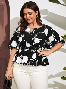 SHEIN LUNE Plus Floral Print Keyhole Neckline Butterfly Sleeve Peplum Blouse - Black - View 6