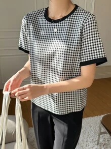 DAZY 格紋印花滾邊T恤 - 黑與白 - 查看 7