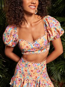 Bianca F Prints Áo crop top tay bồng cổ tròn in họa tiết hoa của nghệ sĩ, dành cho ngày lễ, kỳ nghỉ - Nhiều màu - Xem 1