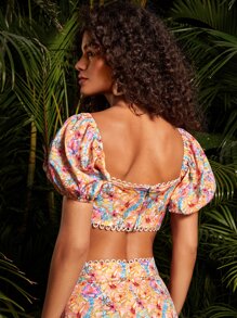 Bianca F Prints Áo crop top tay bồng cổ tròn in họa tiết hoa của nghệ sĩ, dành cho ngày lễ, kỳ nghỉ - Nhiều màu - Xem 2