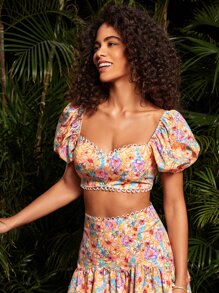 Bianca F Prints Áo crop top tay bồng cổ tròn in họa tiết hoa của nghệ sĩ, dành cho ngày lễ, kỳ nghỉ - Nhiều màu - Xem 3