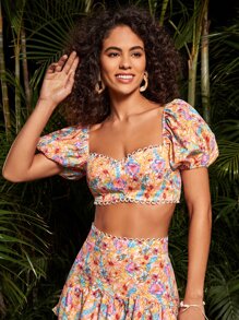 Bianca F Prints Áo crop top tay bồng cổ tròn in họa tiết hoa của nghệ sĩ, dành cho ngày lễ, kỳ nghỉ - Nhiều màu - Xem 5