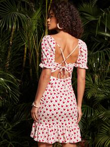 Jelisart Allover Heart Print Puff Sleeve Ruffle Hem Dress - Red and White - View 2