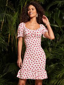 Jelisart Allover Heart Print Puff Sleeve Ruffle Hem Dress - Red and White - View 6