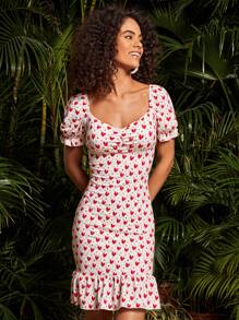 Jelisart Allover Heart Print Puff Sleeve Ruffle Hem Dress - Red and White - View 1