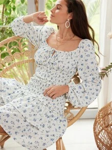 SHEIN Frenchy Ditsy Floral Print Knot Front Lantern Sleeve Ruffle Hem Blouse - White - View 2