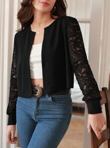 SHEIN Frenchy 蕾絲拼接開門襟夾克 - 黑色 - 查看 1