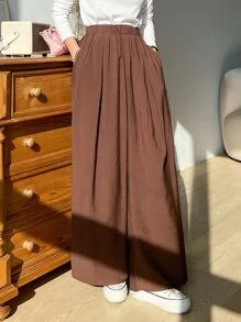 DAZY 素色闊腿褲 - 咖啡棕 - 查看 3
