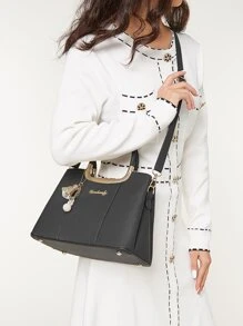 Bolso de tote con cremallera simple y de moda, con gran capacidad, estilo de negocios con colgante de flor en la cremallera. 1 pieza de bolso de mujer de piel de PU de unicolor, adecuado para damas, mujeres trabajadoras y de cuello blanco, perfecto para el trabajo, los negocios y los desplazamientos. - Negro - Ver 6