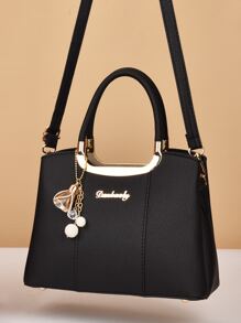 Bolso de tote con cremallera simple y de moda, con gran capacidad, estilo de negocios con colgante de flor en la cremallera. 1 pieza de bolso de mujer de piel de PU de unicolor, adecuado para damas, mujeres trabajadoras y de cuello blanco, perfecto para el trabajo, los negocios y los desplazamientos. - Negro - Ver 7