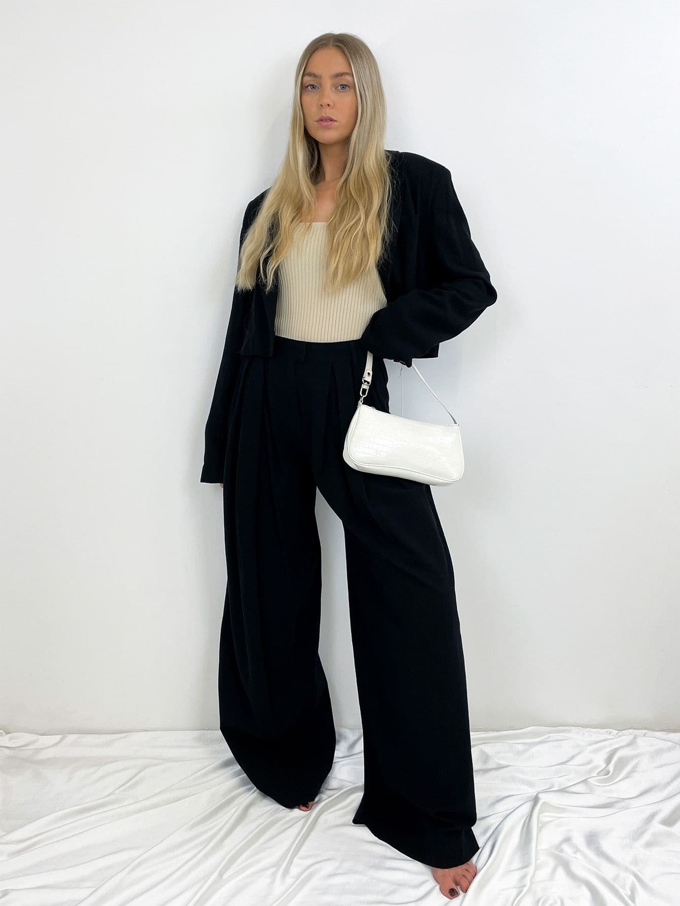 Lapel Neck Crop Blazer & Wide Leg Trousers - Black - View 1