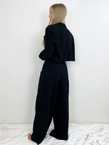 Lapel Neck Crop Blazer & Wide Leg Trousers - Black - View 2