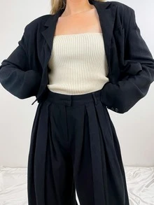 Lapel Neck Crop Blazer & Wide Leg Trousers - Black - View 4