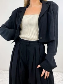 Lapel Neck Crop Blazer & Wide Leg Trousers - Black - View 5