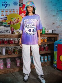 Atosha Skull & Slogan Graphic Tie Dye Drop Shoulder Tee - Multicolor - View 4