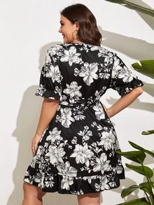 SHEIN LUNE Vestido con cinturón con estampado floral de manga farol bajo con fruncido - Blanco y Negro - Ver 2