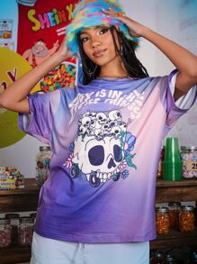 Atosha Skull & Slogan Graphic Tie Dye Drop Shoulder Tee - Multicolor - View 1