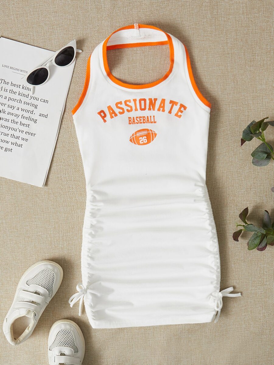 SHEIN Đầm Gái Lộ Lưng Dây kéo Thắt nút Xù Tương phản ràng buộc Đồ họa Lá thư Giải trí - trắng - Xem 1