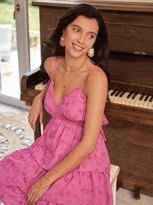 SHEIN Frenchy Jacquard Tie Backless Layer Hem Cami Dress - Pink - View 7