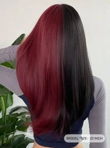 Long Half Red Half Black Wigs with Bangs Straight Halloween Cosplay Women Wigs Synthetic Hair Wigs - Two-Tone - View 3