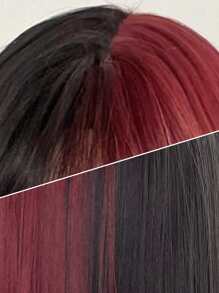 Long Half Red Half Black Wigs with Bangs Straight Halloween Cosplay Women Wigs Synthetic Hair Wigs - Two-Tone - View 5