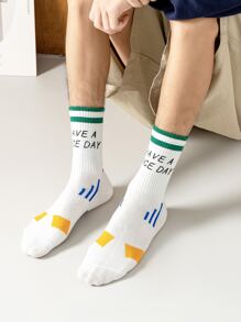 Hombres Calcetines de tripulación con estampado de slogan - Blanco - Ver 1