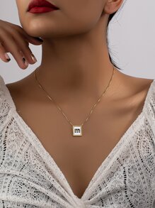 Letter Detail Square Charm Necklace - Multicolor - View 1