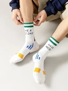 Hombres Calcetines de tripulación con estampado de slogan - Blanco - Ver 4
