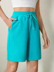 SHEIN BASICS Pantalones Cortos Sólidos Con Bolsillos Oblicuos Y Cordón En La Cintura - Azul menta - Ver 3