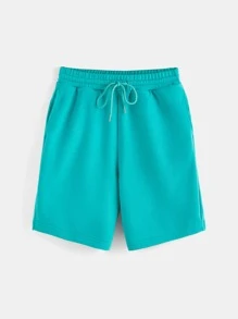 SHEIN BASICS Pantalones Cortos Sólidos Con Bolsillos Oblicuos Y Cordón En La Cintura - Azul menta - Ver 4