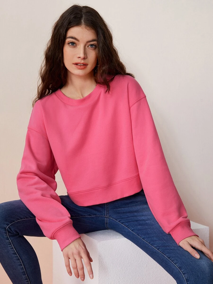 SHEIN BASICS Solid Drop Shoulder Sweatshirt - Hot Pink - View 1