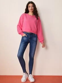 SHEIN BASICS Solid Drop Shoulder Sweatshirt - Hot Pink - View 4