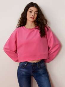 SHEIN BASICS Solid Drop Shoulder Sweatshirt - Hot Pink - View 5